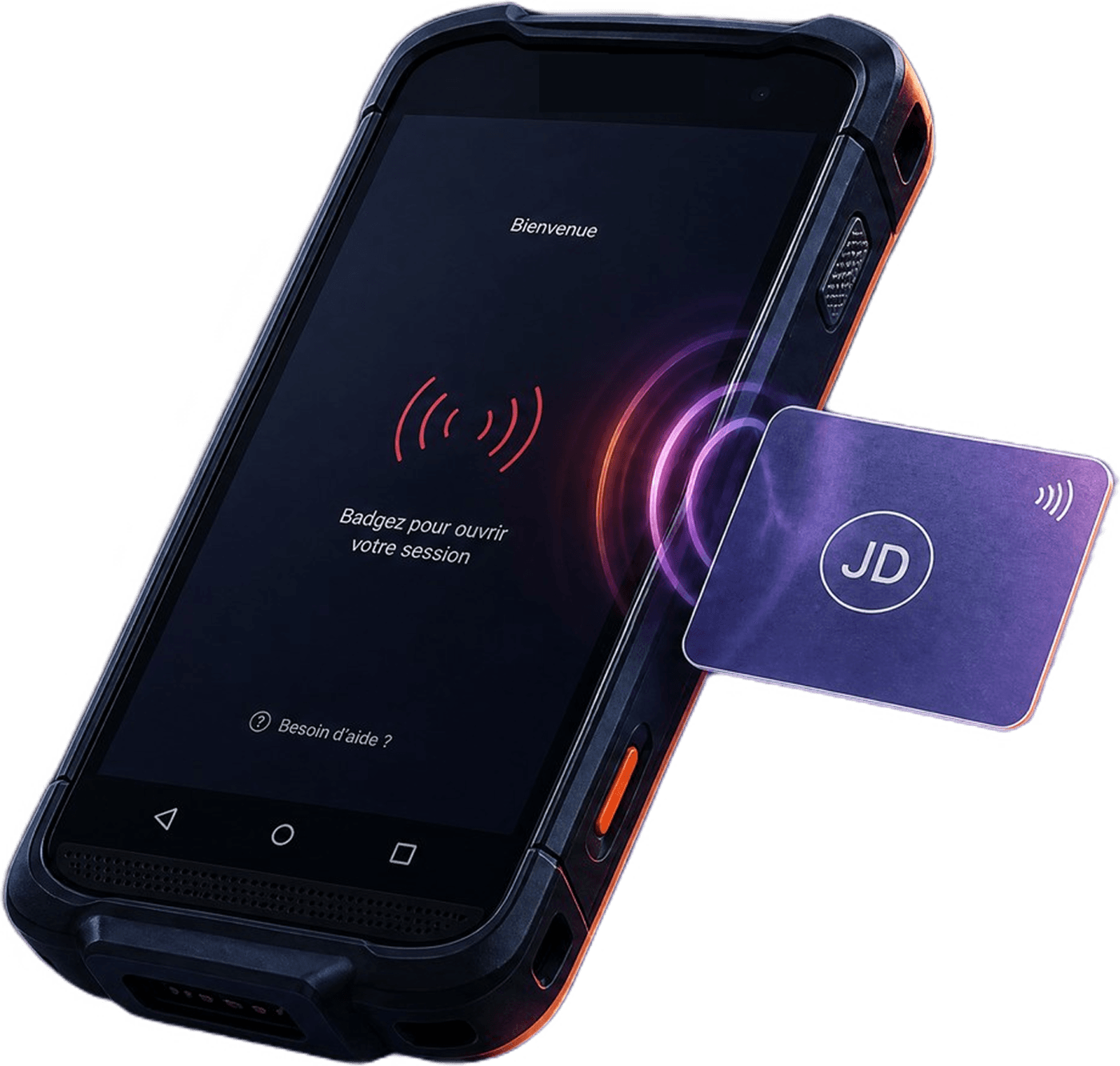 Badge NFC apposé sur un terminal Android durci : la session personnelle de l'opérateur s'ouvre en moins de deux secondes
